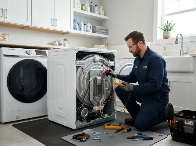 Appliance Repair Hero technician checking a dryer heating element with the rear panel off in Ansonia, CT