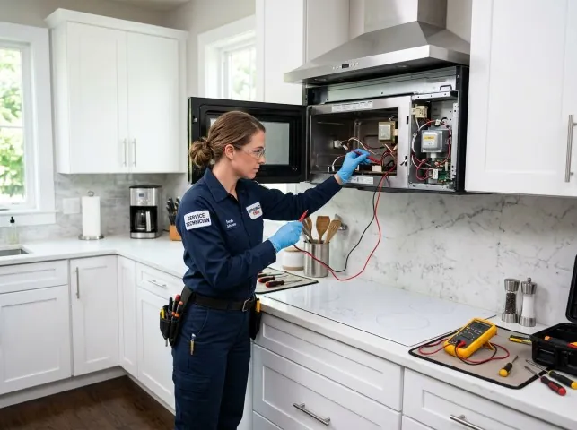 Appliance Repair Hero technician testing an over-the-range microwave in a Ansonia, CT kitchen