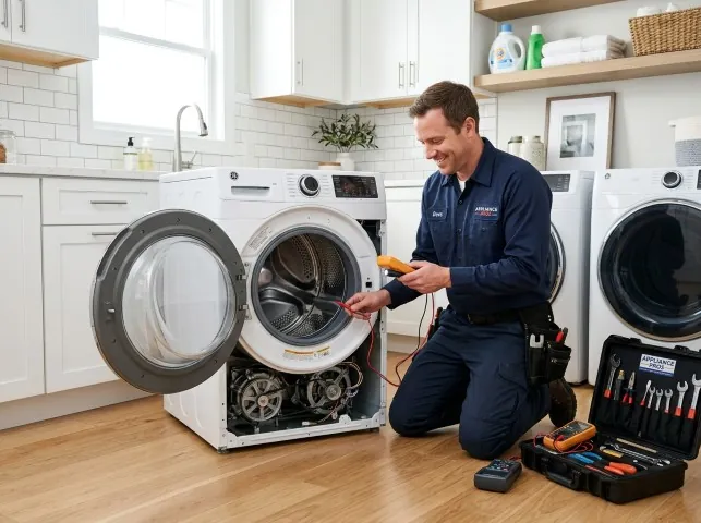 Appliance Repair Hero technician testing a front-load washer with a multimeter on a Ansonia, CT service call